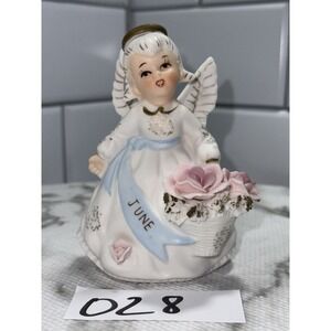 Lefton June Birthday Angel Figurine White Dress Halo Pink Roses Vintage